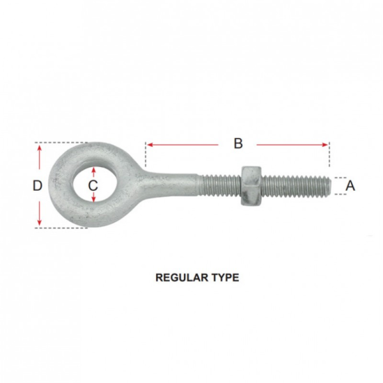 Regular Pattern Eye Bolt, Forged 1030 Carbon Steel - HDG - 1/2" x 3-1/4"