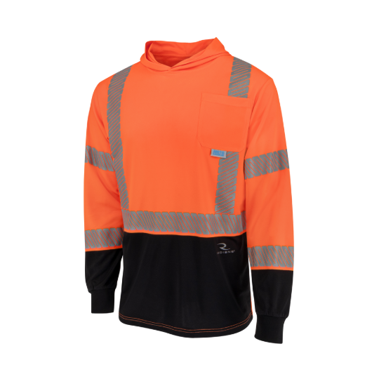 Radians Class 3 UPF 40 Color Block Long Sleeve T-Shirt with Hood - Hi-Vis Orange - Size XL