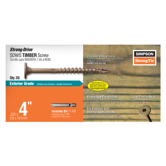 Simpson Strong-Drive SDWS Timber Screw (Exterior Grade) - 0.220" x 4" T40, Tan - 50/box