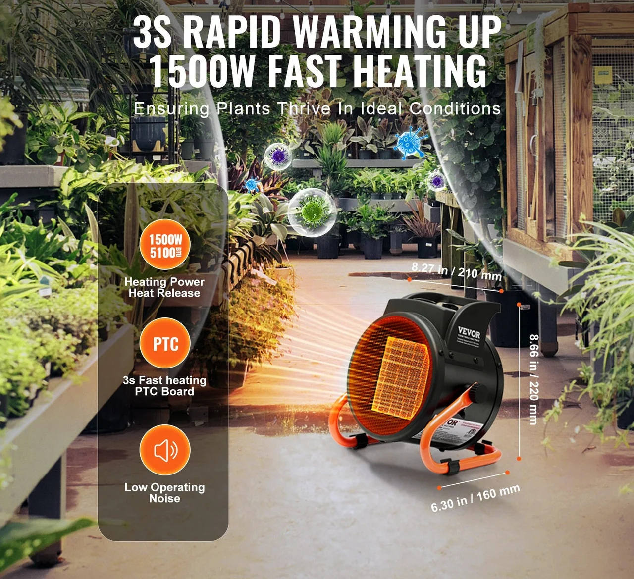 Greenhouse Heater with Thermostat, 1500W PTC Fast Heating with Overheat Protection, 3-Speed Setting Small Grow Tent Heater, Electric Portable Heater Fan for Green House, Flower Room, Workplace