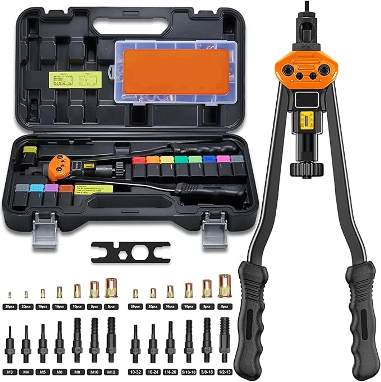 Rivet Nut Tool Kit - 16" Rivnut Tool Kit with 13 Metric and SAE Mandrels, 150 PCS Rivet Nut Assortment Kit, Rugged Carrying Case