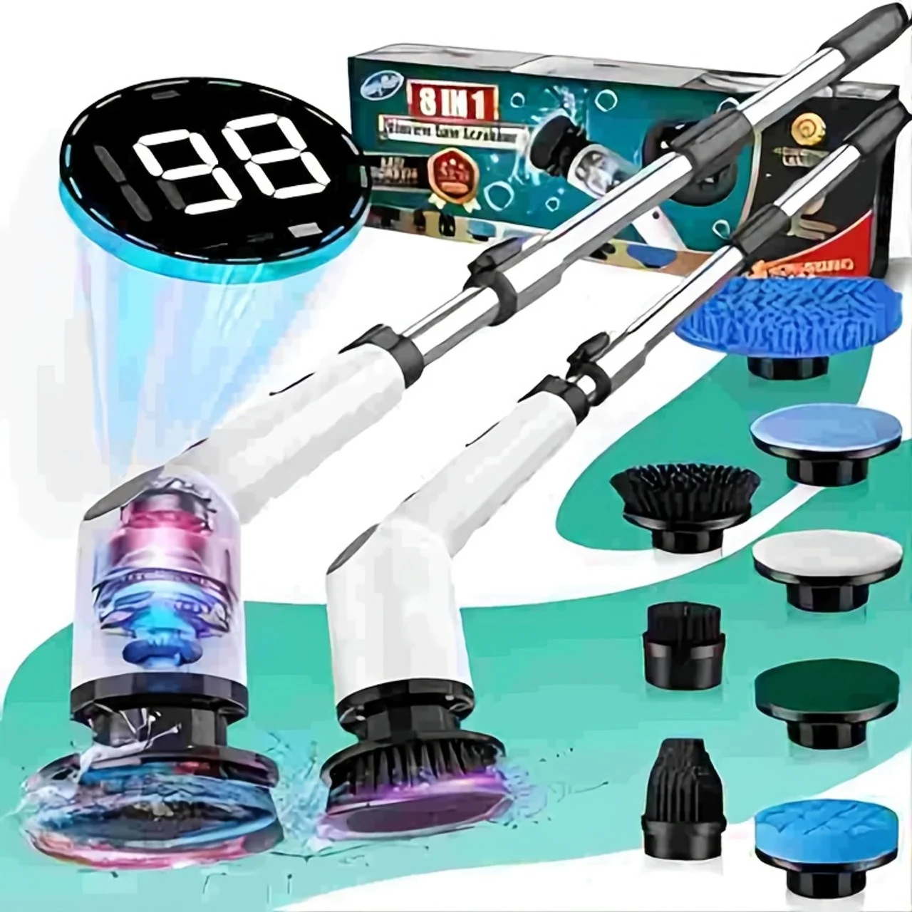 3200mAh Cordless Rechargeable Electric Spin Scrubber - LED Display Screen, 8pcs Replaceable Brush Heads, Detergent Container - for Cleaning Tub/Tile/Floor/Bathroom Color Black (CH5032)