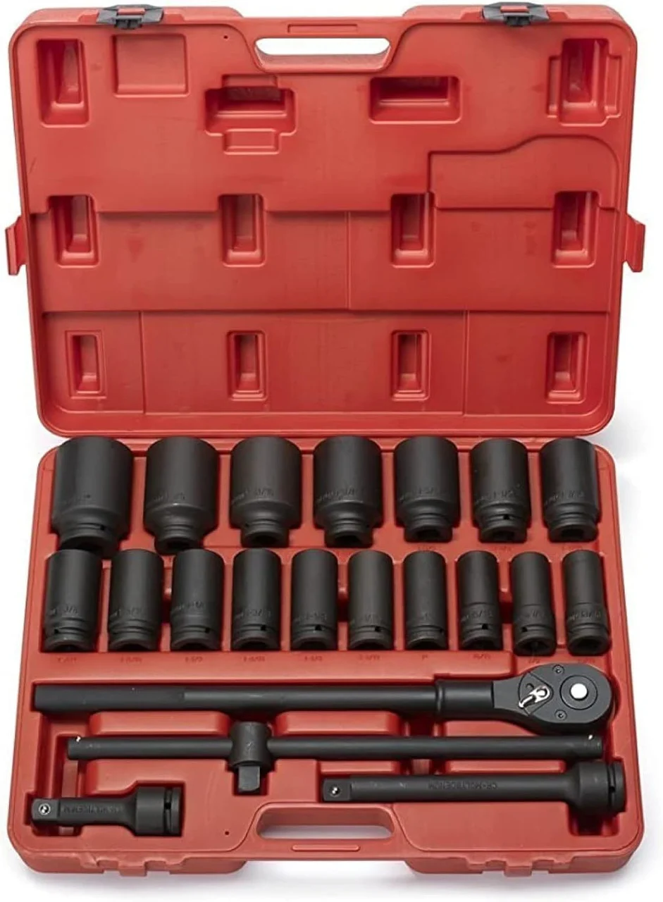 3/4-Inch-Drive Deep Impact Socket Set, SAE Sizes 7/8" to 2", Ratchet Handle and Extension Bars Included, Chrome Molybdenum Steel, 22-Piece Set