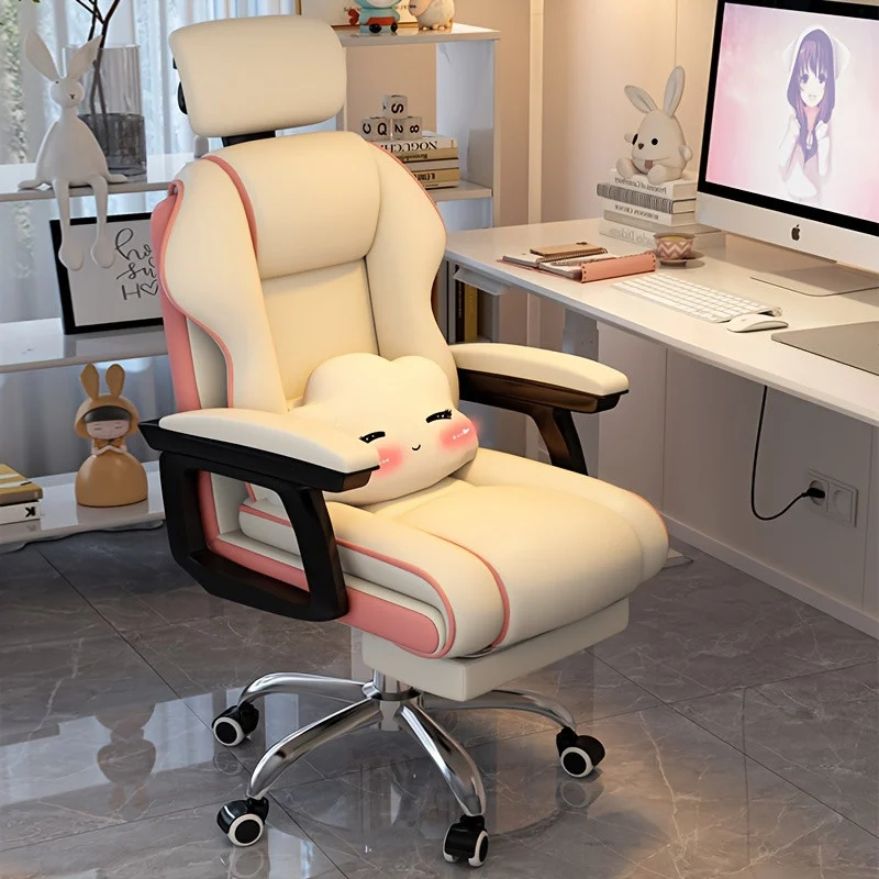 Comfortable And Durable Computer Chair Multi-functional Back Recliner Gaming E-sports Chair Office Nap Office Chair White and Pink Color