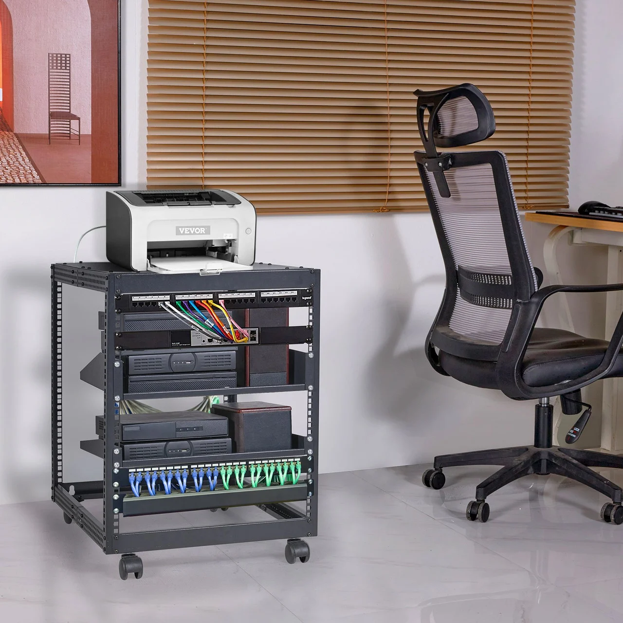 12U Open Frame Server Rack, 15''-40'' Adjustable Depth, Free Standing or Wall Mount Network Server Rack, 4 Post AV Rack with Casters, Holds All Your Networking IT Equipment AV Gear Router Modem