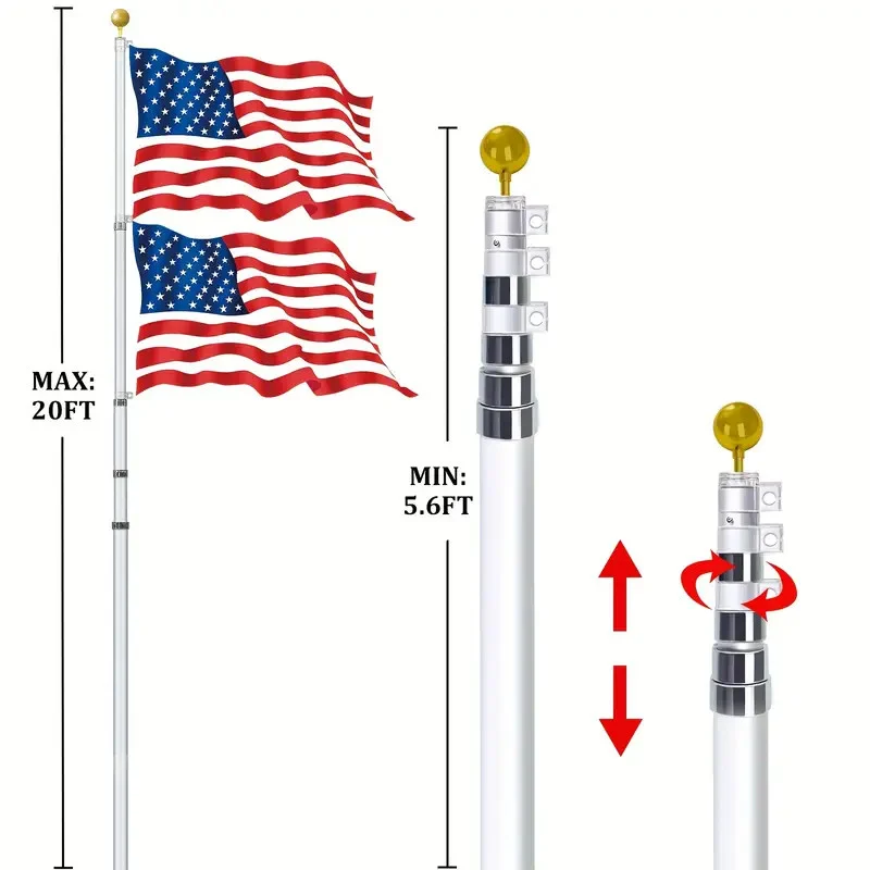 20FT Telescopic Flag Pole Kit For Outdoor In Ground, Extra Thick Black Telescoping Flagpole With 3X5FT US Flag Golden Ball Finial For Residential Or Commercial With Dual Flag Fly Silvery Color