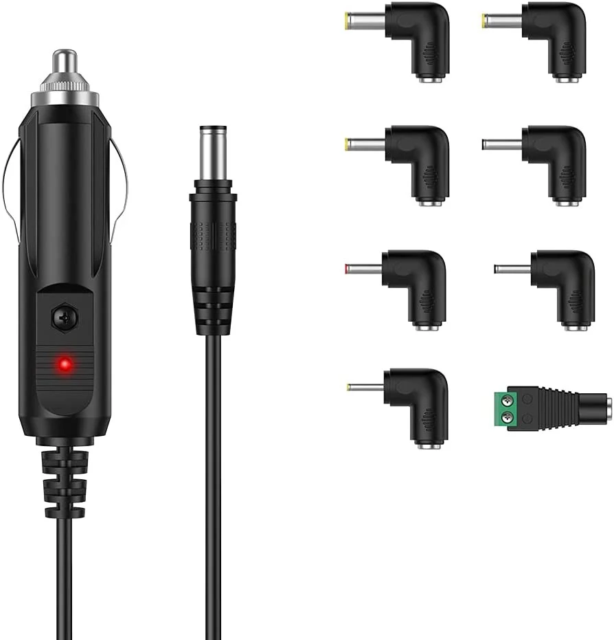 DC 12V 2A Car Charger Universal Power Cord 5.5x2.1mm to Cigarette Lighter with 8 Connector for DVD Player, GPS, Bluetooth Speakers, Breast Pump, label maker, Camera, router, CD Player 5FTCable