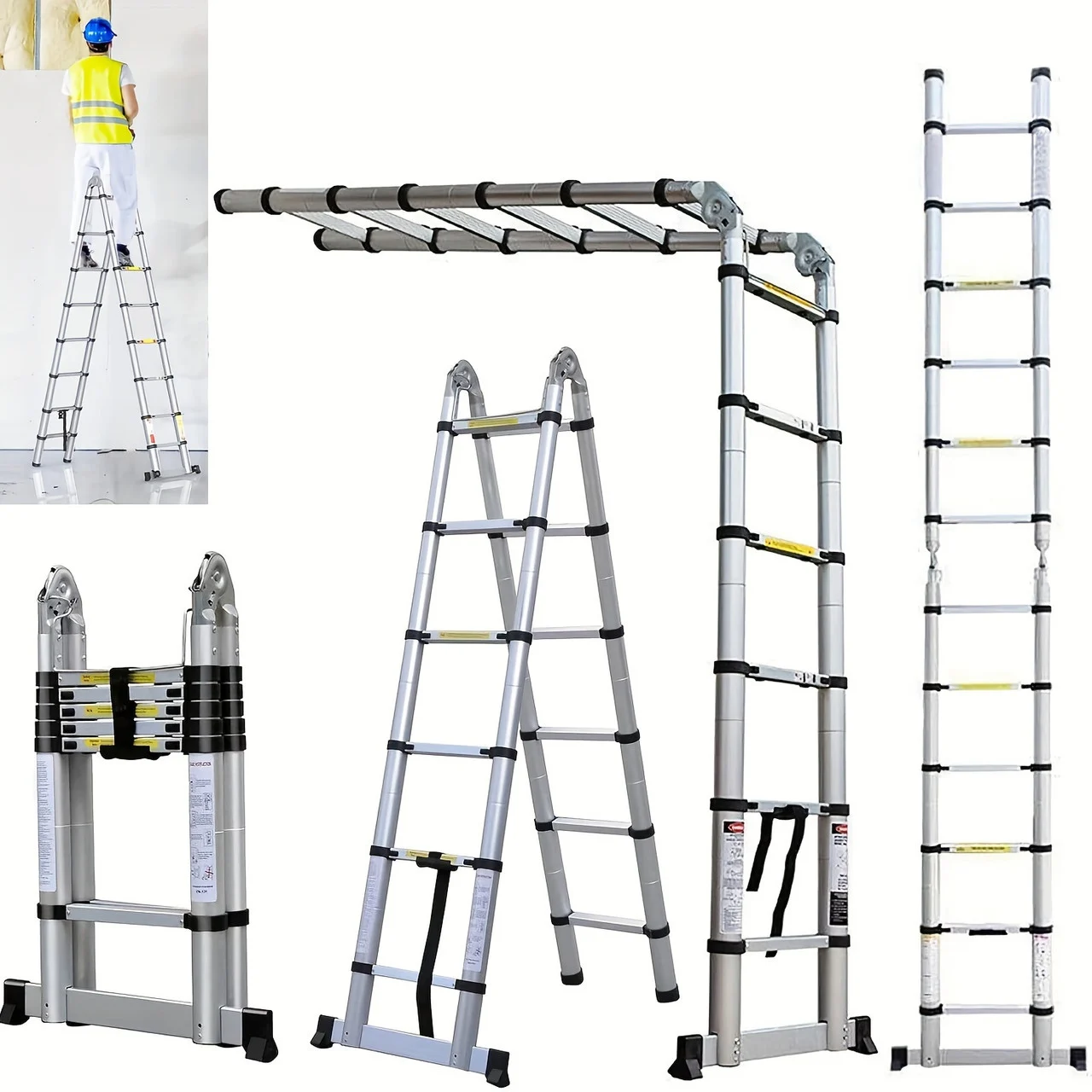 12.5ft/3.8M (1.9+1.9M) Aluminium Telescopic Step Ladder A-Frame/Straight Telescoping For Multi Purpose With Stabilizer Bar Anti-Slip Feet Portable For Home Household DIY Builder Supply Garden Roof Work Office