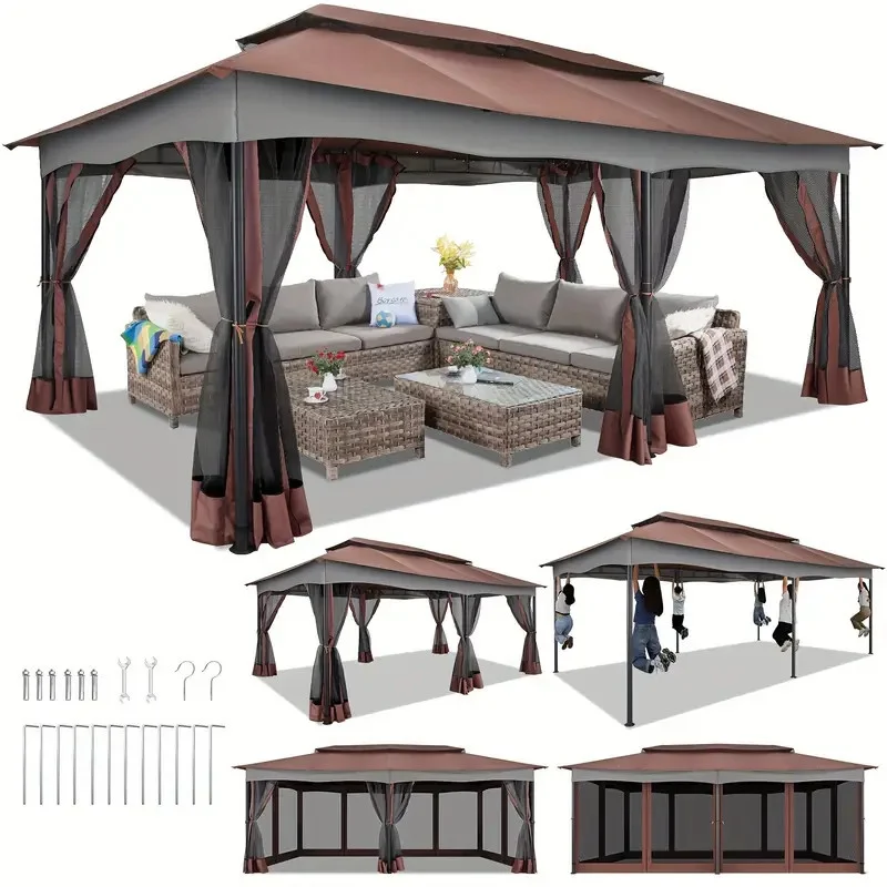 12x20ft Outdoor Gazebo Patio Double-Tier Roof Gazebo Tent - Metal Steel Frame - For Lawn, Backyard, Patio and Deck - Suitable for Parties, Weddings & Outdoor Events - Perfect Gift for Garden Lovers Brown Color