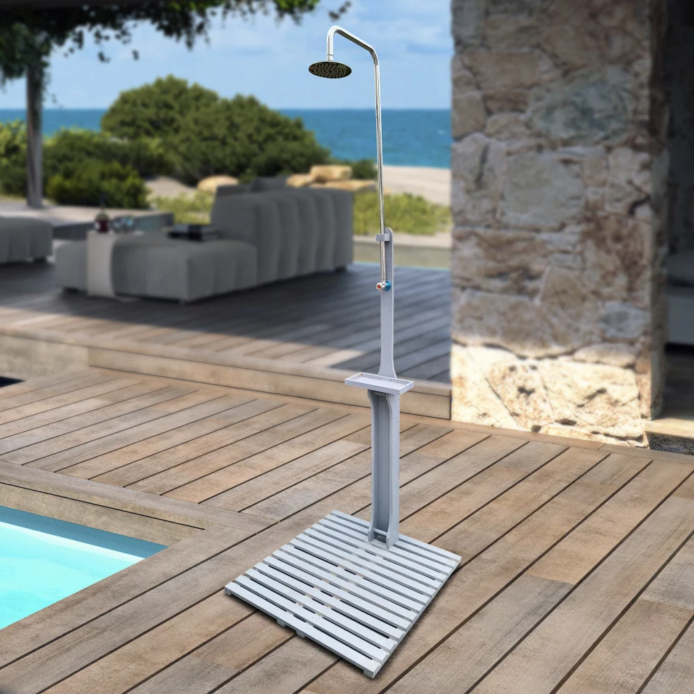 Outdoor Garden Pool Shower with Chassis Board, for Swimming Pool, Patio, Terrace, Garden, Wood Rinse your body after swimming Gray + Solid Wood