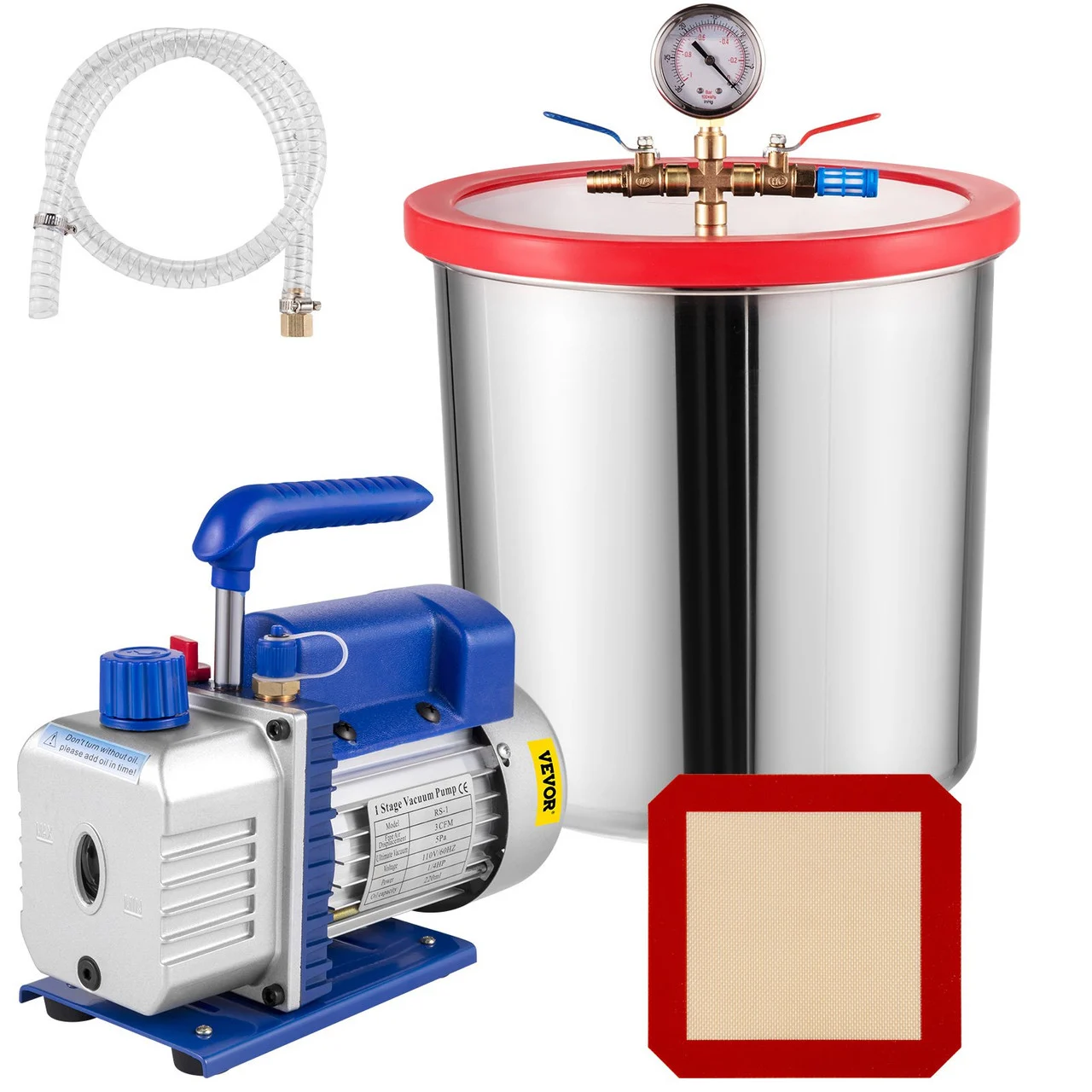 Vacuum Chamber with Pump 3CFM 1/4HP Single Stage Vacuum Pump with High-Capacity 5 Gallon Vacuum Chamber, Vacuum Pump Chamber Kit Vacuum Degassing Chamber Kit for Air Conditioning Systems