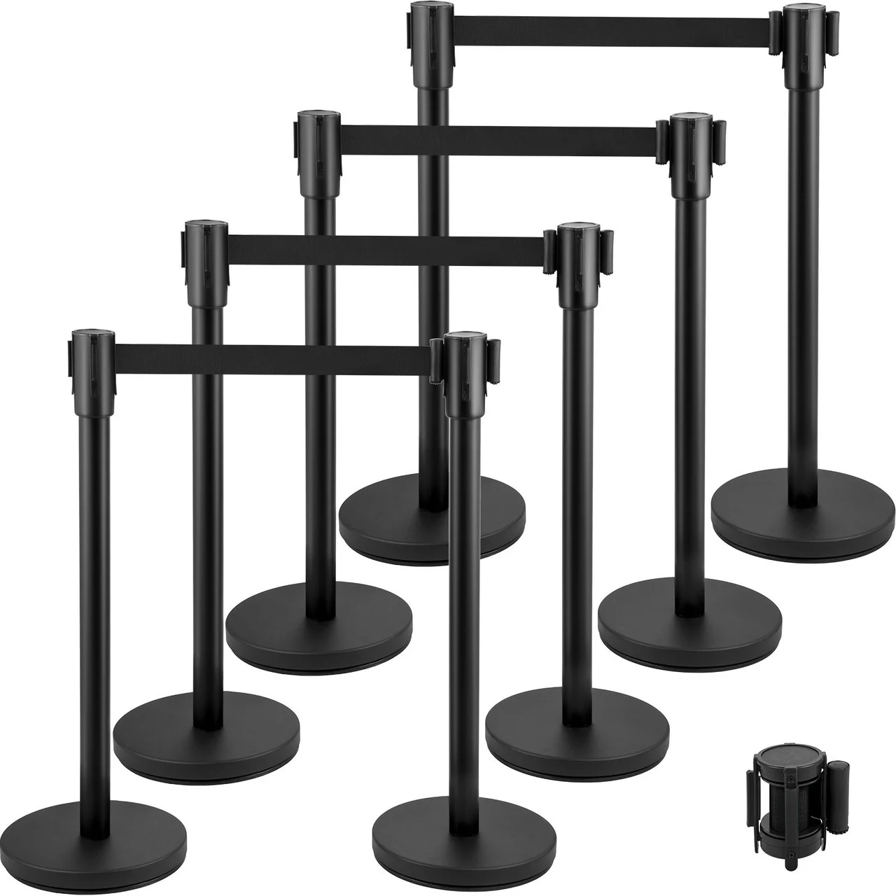 Crowd Control Stanchion, Set of 8 Pieces Stanchion Set, Stanchion Set with 6.6 ft/2 m Black Retractable Belt, Black Crowd Control Barrier w/ Concrete and Metal Base Easy Connect Assembly