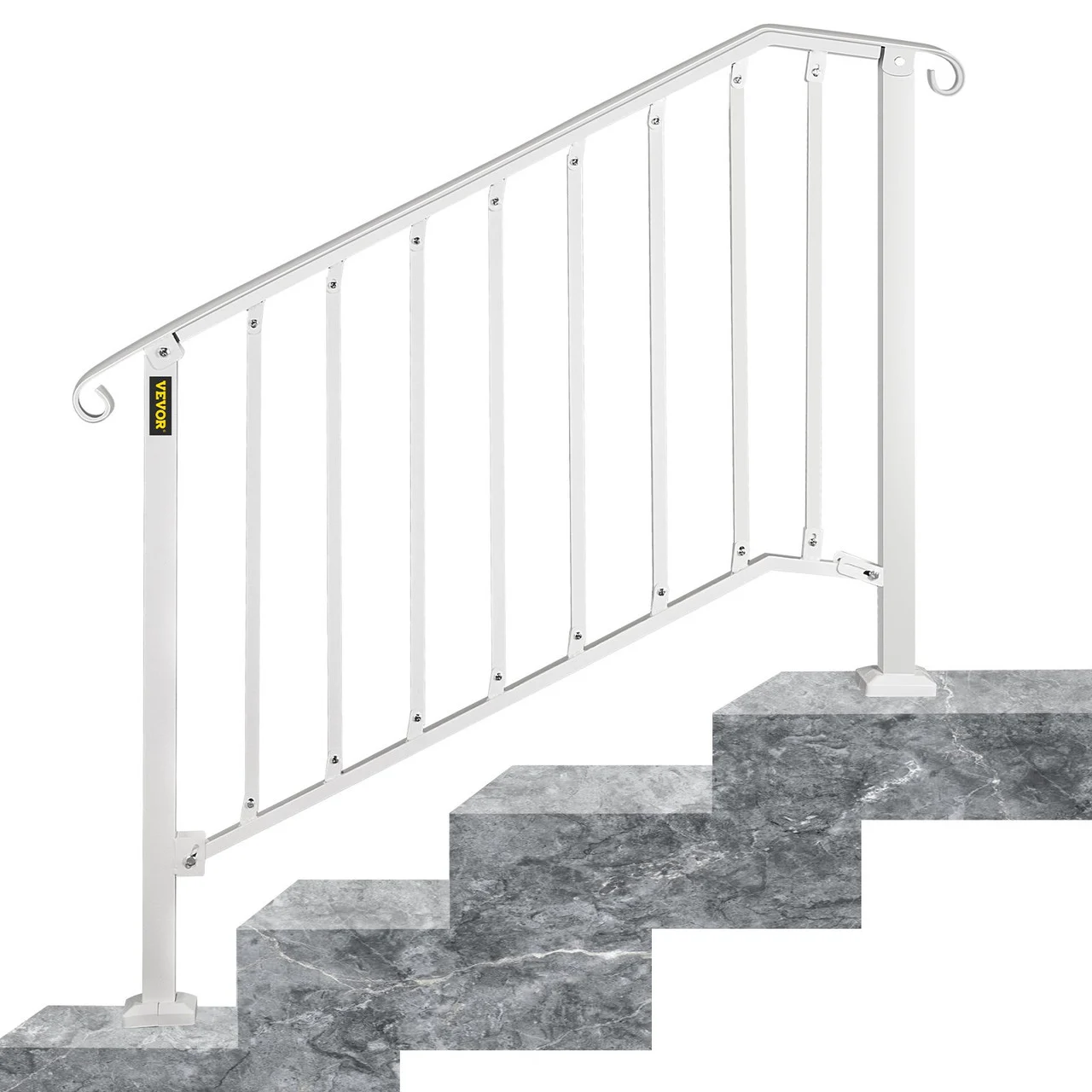 Fit 3 or 4 Steps Outdoor Stair Railing, Handrails for Outdoor Steps, Picket#3 Wrought Iron Handrail, Flexible Porch Railing, White Transitional Handrails for Concrete Steps or Wooden Stairs