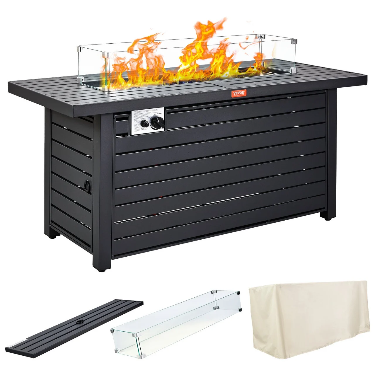 Gas Fire Pit Table, 54 In 50000 BTU, Propane Outdoor Wicker Patio fire Pits with Carbon Steel Tabletop, Lava Rock, Glass Wind Guard, Cover, Add Warmth to Gathering on Garden Backyard, CSA Listed