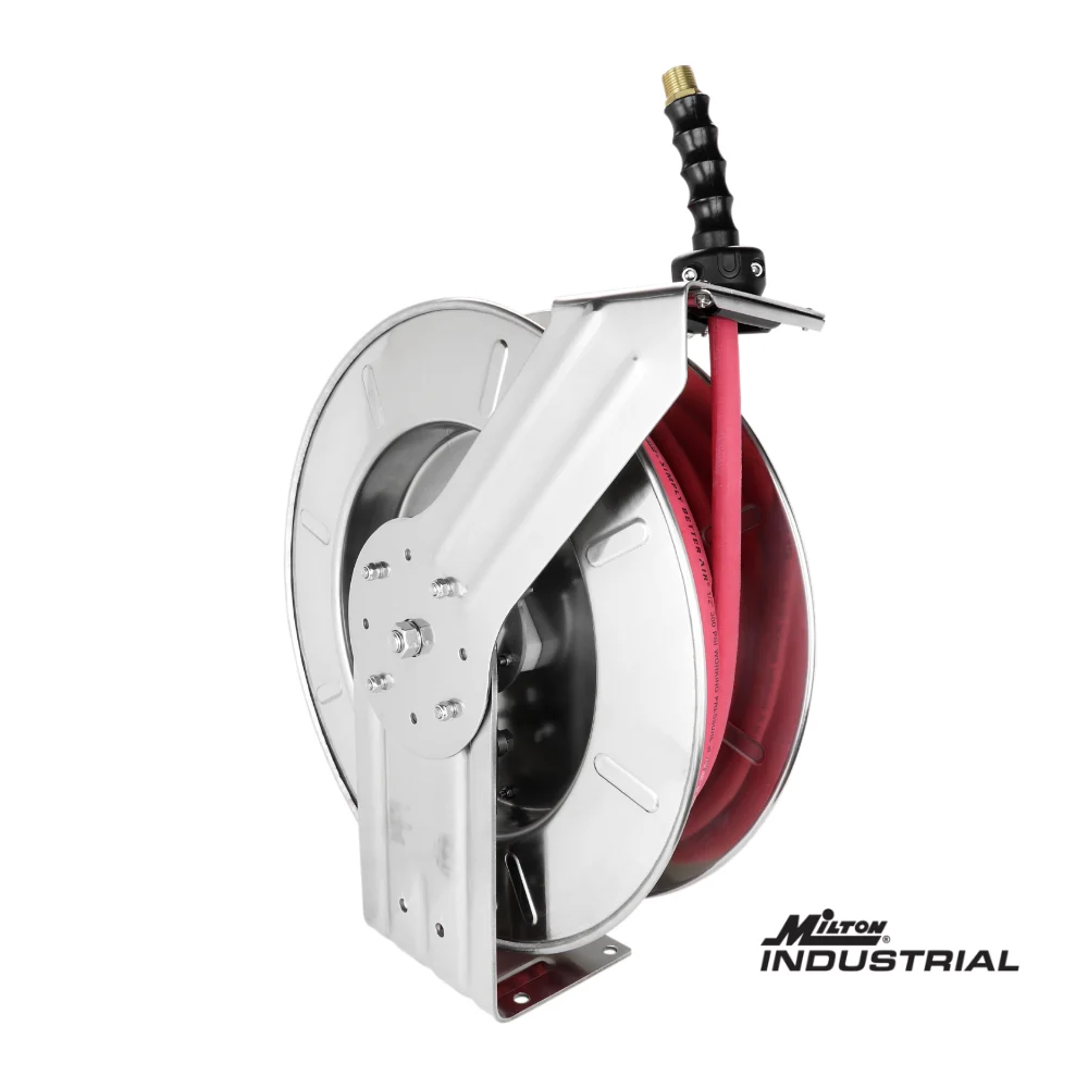 Milton? Industrial Stainless Steel Hose Reel Retractable, 1/2" ID x 35' Ultra-Lightweight Rubber hose w/ 3/8" NPT, 300 PSI