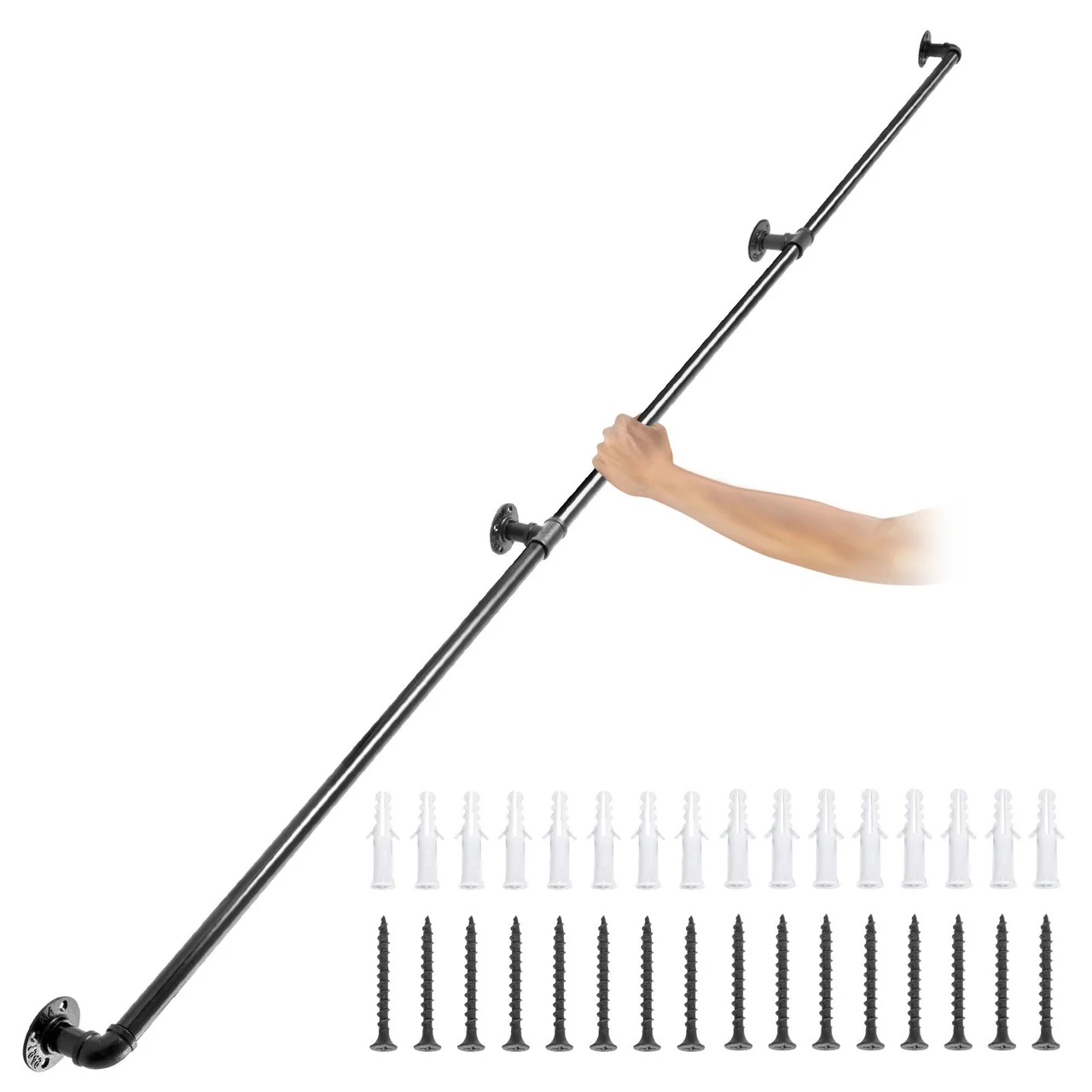Pipe Stair Handrail, 8FT Staircase Handrail, 440LBS Load Capacity Carbon Steel Pipe Handrail, Industrial Pipe Handrail with Wall Mount Support, Round Corner Wall Handrailings for Indoor, Outdoor
