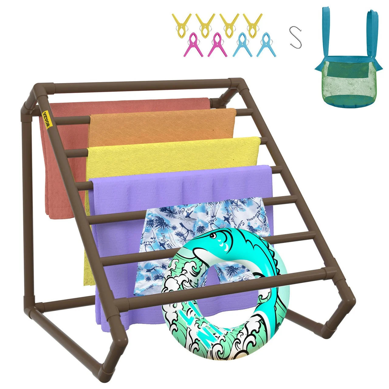 Pool Towel Rack, 8 Bar, Brown, Freestanding Outdoor PVC Triangular Poolside Storage Organizer, Include 8 Towel Clips, Mesh Bag, Hook, Also Stores Floats and Paddles, for Beach, Swimming Pool