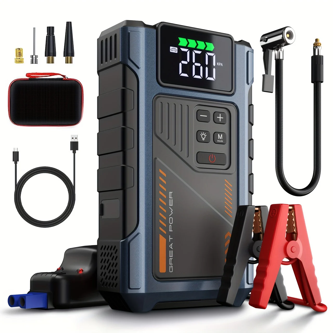 Portable Car Jump Starter With Air Compressor 2500A Peak(2.11gal Gas, 1.72gal Diesel) With 150 PSI Tire Inflator, 12V Car Battery Jump Power With LED Light, W100, 5 In 1 Jump Starter Battery Pack, Battery Charger Color Blue