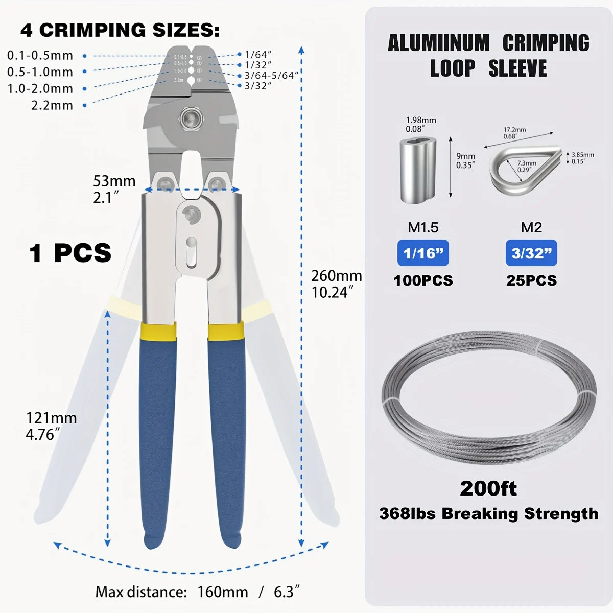 304 Stainless Steel Wire Rope Crimping Kit, 200ft 1/16" Cable with 7x7 Strand Core, Includes 200 Aluminum Crimping Loops and 50 M2 Stainless Steel Thimbles, Corrosion Resistant, High Strength, No Battery Required