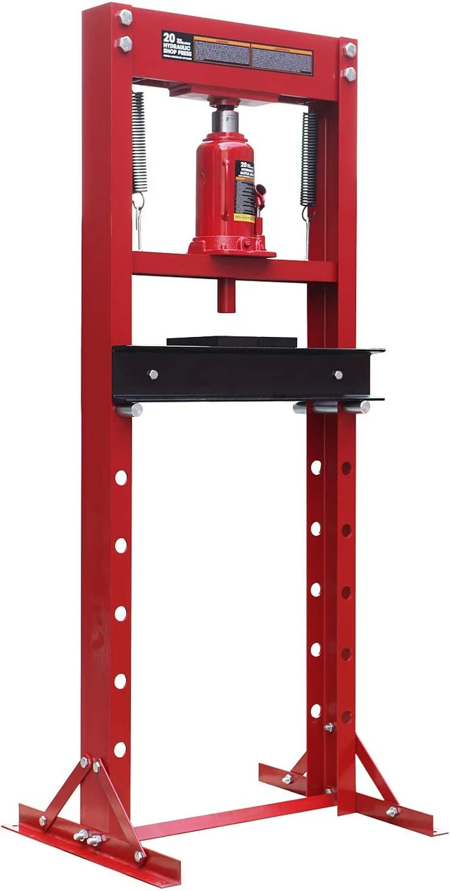 Steel H-Frame Hydraulic Garage/Shop Floor Press with Stamping Plates, 20 Ton (40,000 lb) Capacity, Red