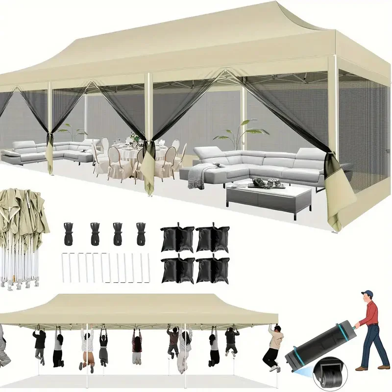 10x30 Pop Up Canopy Tent with Sidewalls, Heavy Duty Easy Up Outdoor Gazebo Canopy with Mosquito Net Screen Tents for Parties, Commercial Party Tent for Backyard with Roller Bag, Sun Shelter for Beach And Outdoor Camping Khaki Color
