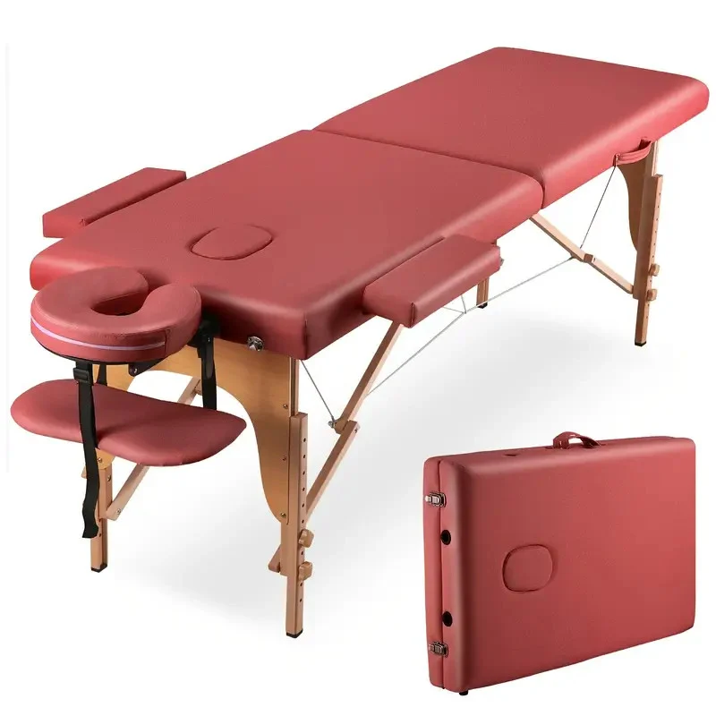 84in Adjustable Height Portable Massage Table - 2 Folding Wood Massage Bed with 496LB Carry Case Red