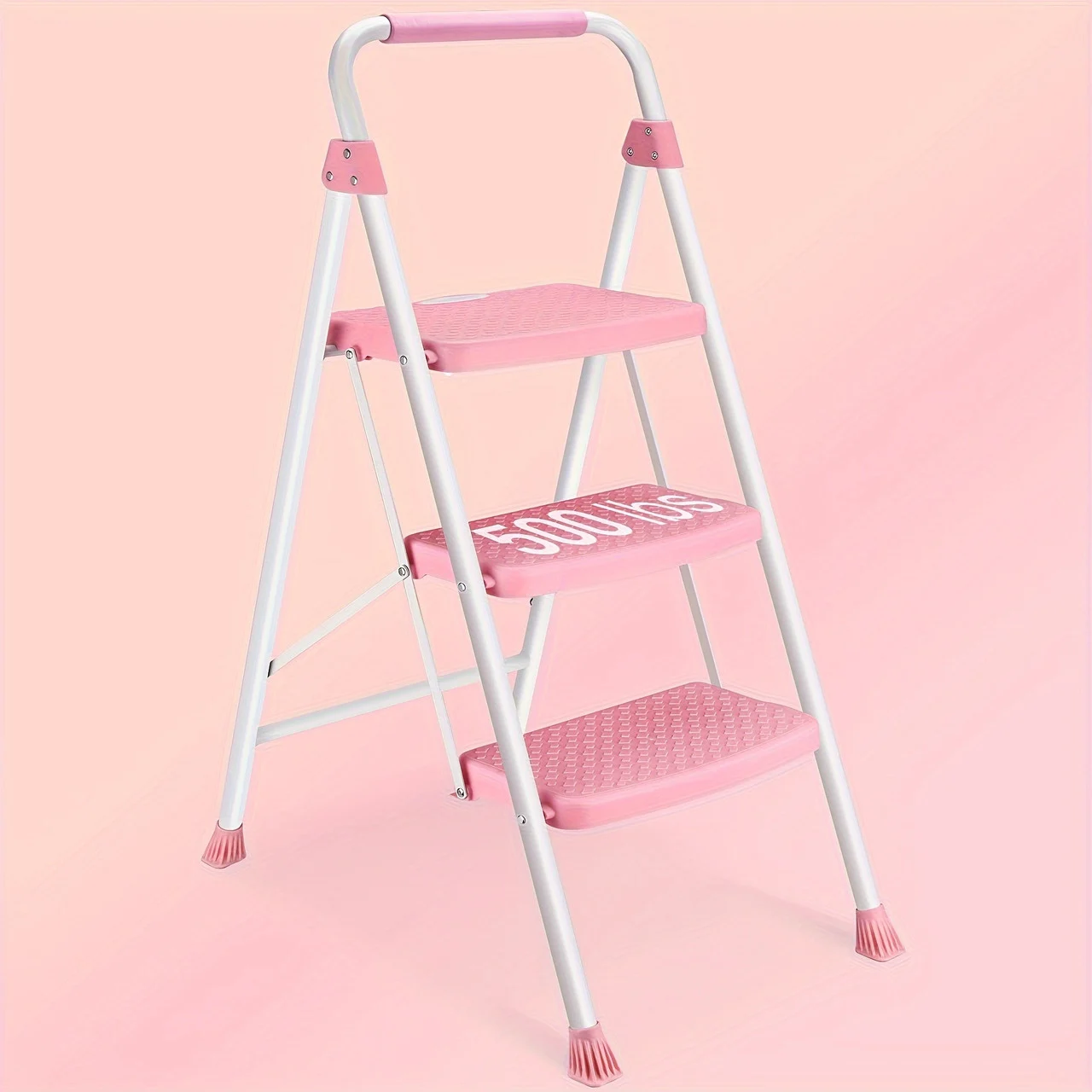 Ergonomic Foldable 3 Step Stool, Compact Step Ladder With Durable Handrail & 330lbs Weight Max Capacity, Ideal For Home Use, Pink