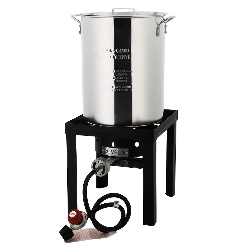 Set of 4 Square Legs Gas Turkey Fryer Kit - Black Round Steel Burner Stand with Silver Aluminum Pot