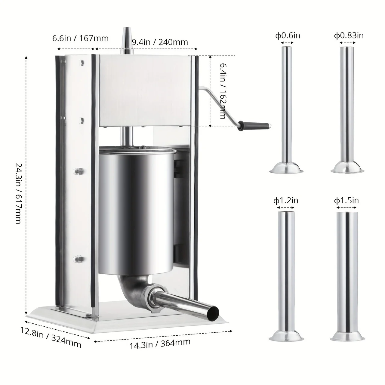 Sausage Stuffer, Manual 7LB/3L Capacity, Two Speed 304 Stainless Steel Sausage Filling Machine With 4 Stuffing Tubes, Silver