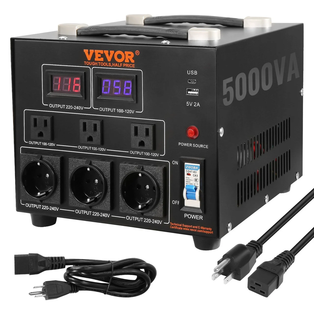 Voltage Converter Transformer, 5000W, Heavy Duty Step Up/Down Transformer, Convert from 110 Volt to 220 Volt and from 220 Volt to 110 Volt, with US Outlet EU Outlet 5V USB Port, CE Certified