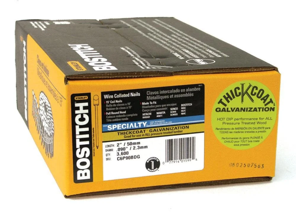 BOSTITCH C Series Coil Siding Nail, 0.09 in Dia, 2 in L, Thickset™ Galvanized, Steel