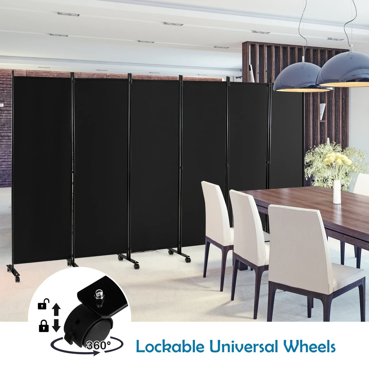 Modern 6ft , Polyester 6-Panel Folding Room Divider - Lockable Wheels, Mobile, Contemporary Decor, Durable, Foldable - for Home or Office Use, Rolling Privacy Screen Light Black
