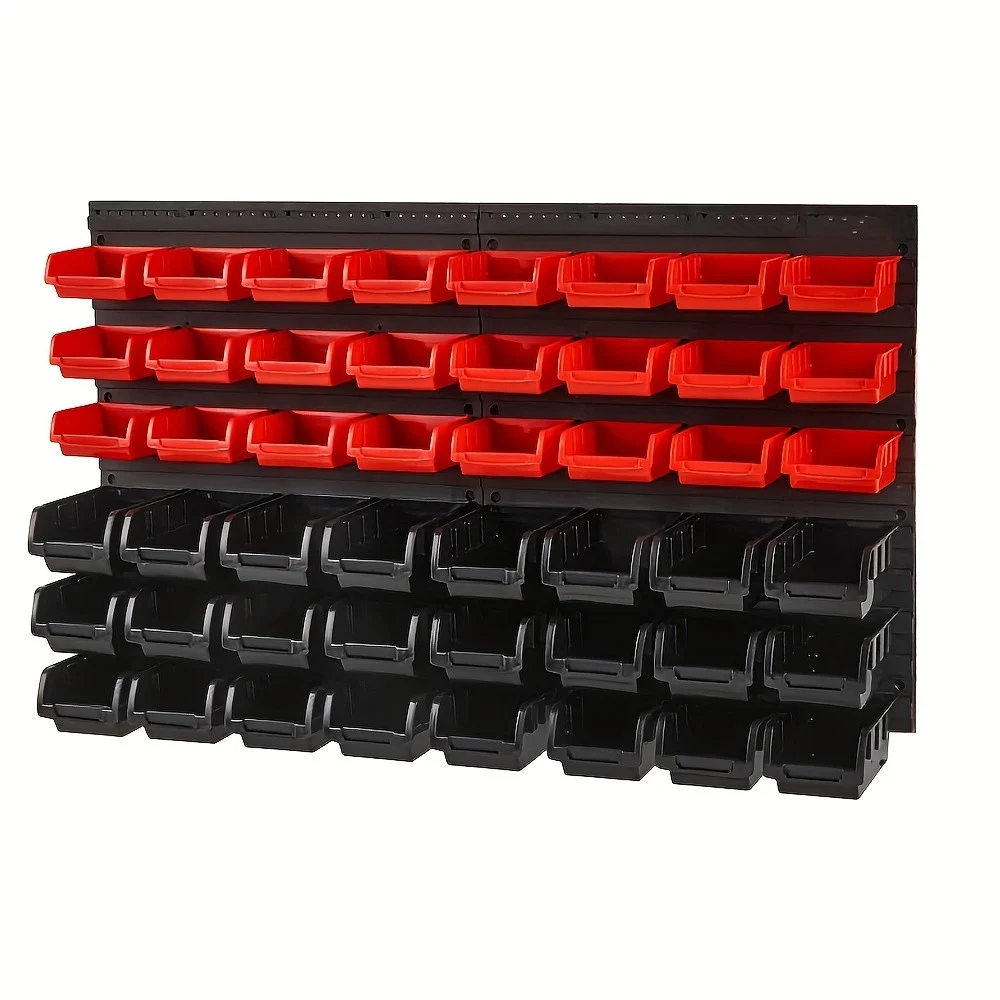 48-Bin Wall-Mounted Storage Rack in Red & Black - Durable Plastic Organizer for Garage & Workshop - Ideal for Screws, Nuts, Bolts, Beads & Small Tools with Labels Reddish Black Color
