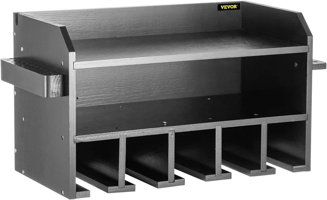 Power Tool Organizer, Wall Mount Drill Holder, 5 Drill Hanging Slots Drill Charging Station, 2-Shelf Cordless Drill Storage, Polished Wooden Toolbox for Impact Wrench, Screwdriver Drill Black