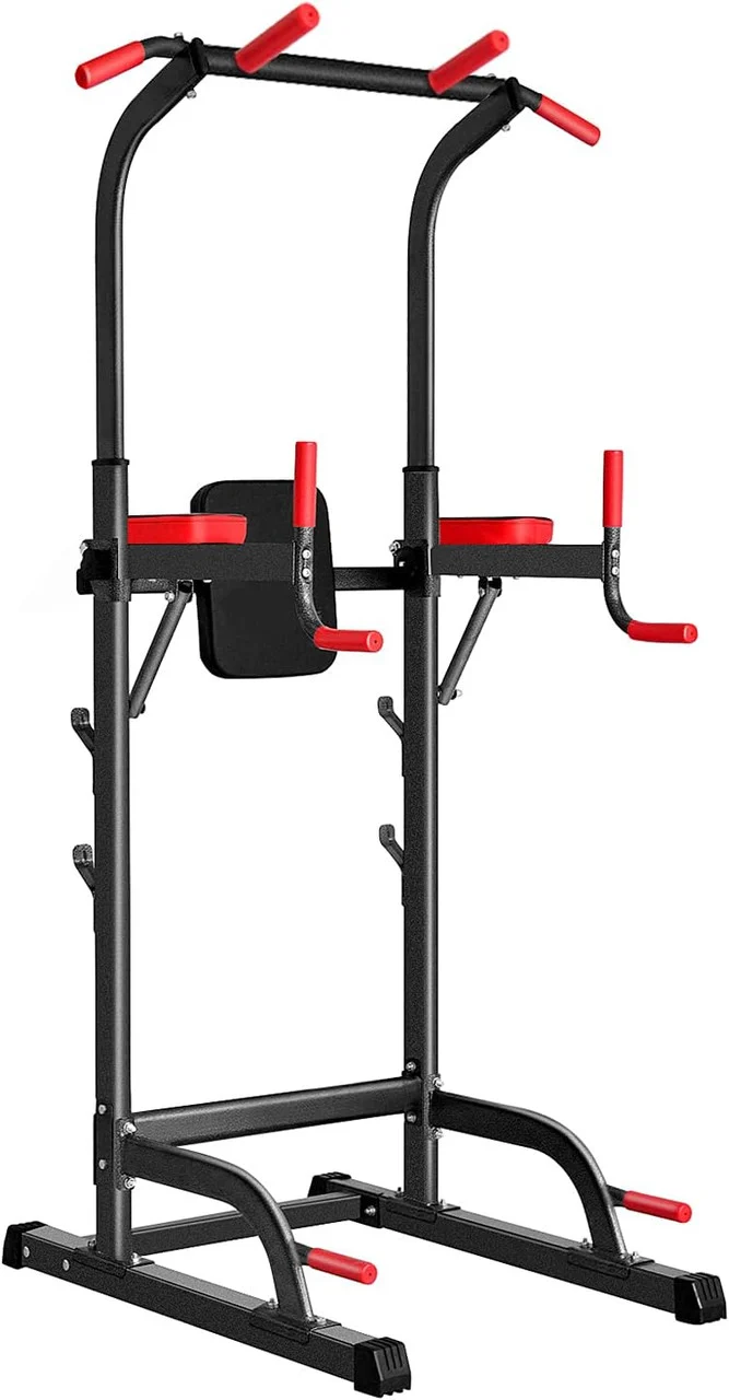 Dip Pull Up Station Adjustable Power Tower Dip Station Multi Function Pull Up Dip Bar Tower Portable Dip Stand Power Tower Pull Up Bar for Home Gym Strength Training Dip Stands,Red & Black