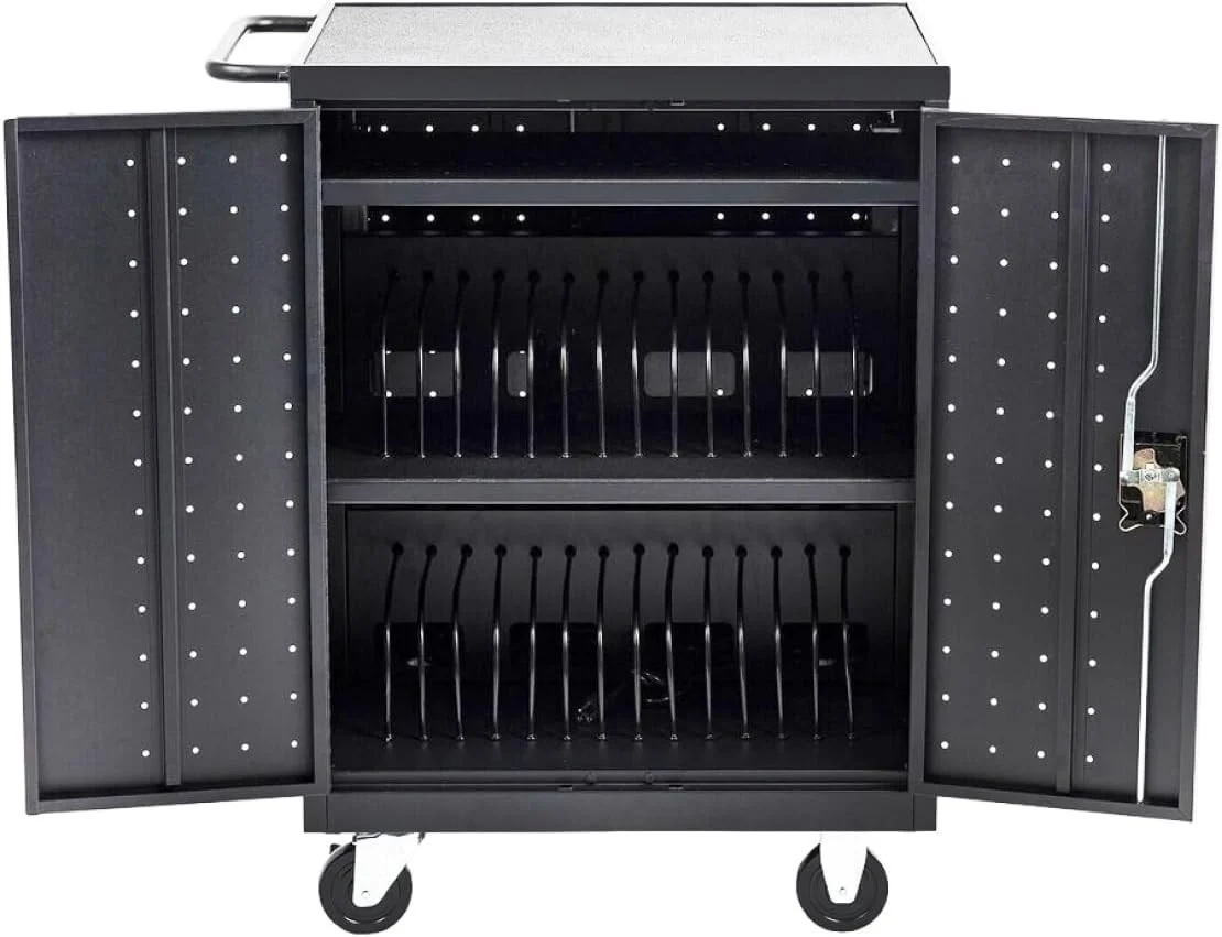 Mobile Charging Cart, 32 Device, Two-Layer Charging Cabinet for Laptop Computers, Chromebook, iPad, Tablets, Up to 13-inch Screen Size, Storage Cart with Power Strip, USB Port, and Locking Door