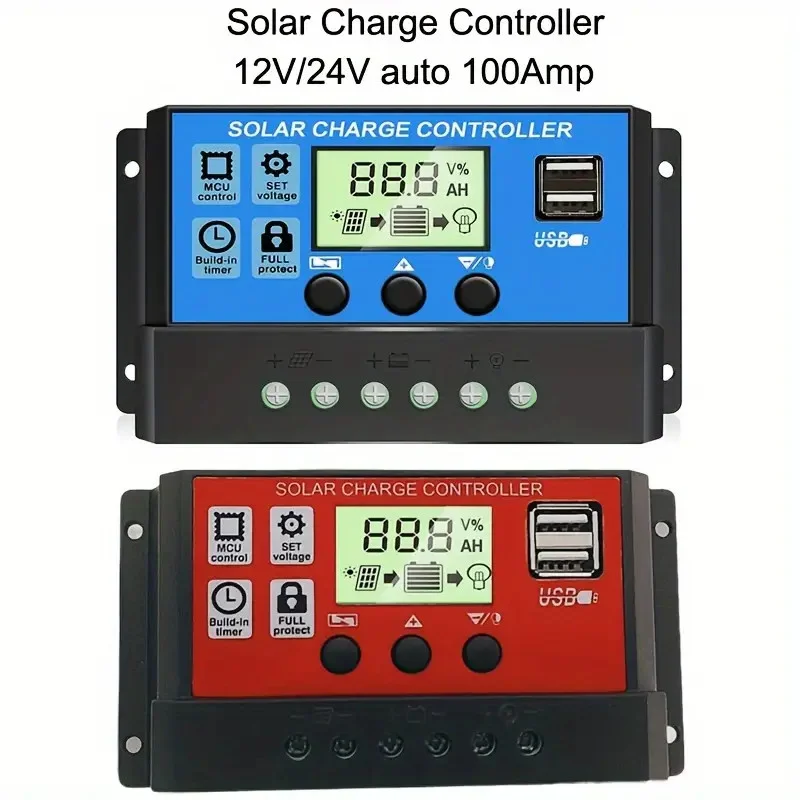 2pcs 60A 100A 12V/24V Solar Charge Controller PWM Solar Panel Controller with Adjustable LCD Display Compact Design Dual USB Port Timer Setting PWM Auto Parameter Compatible with Sealed, Gel, Flooded 100 Amp