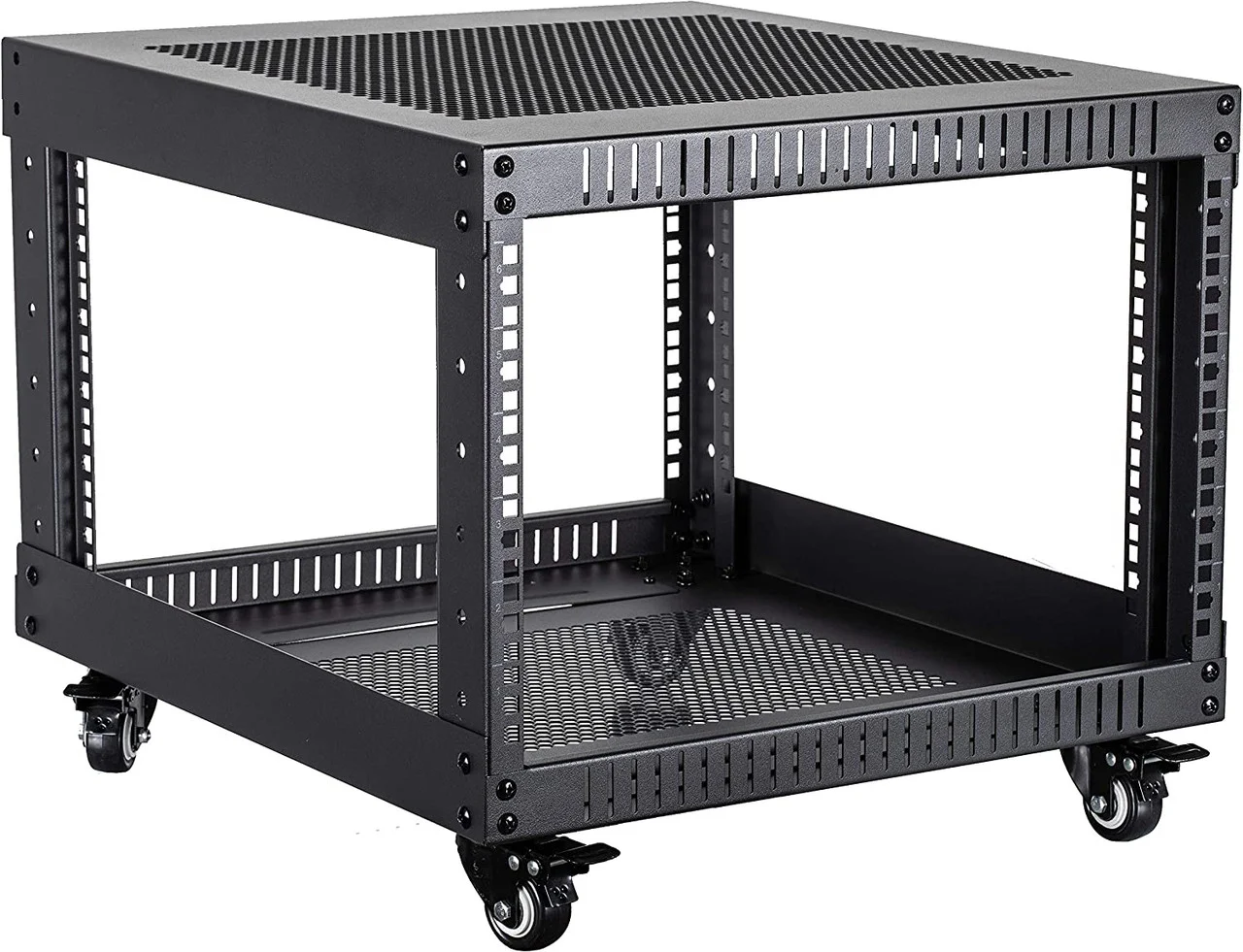 6U Standing Open Frame Rack with 4 Wheels and 4 Posts - Steel Network Equipment Rack 17.75 Inch Deep