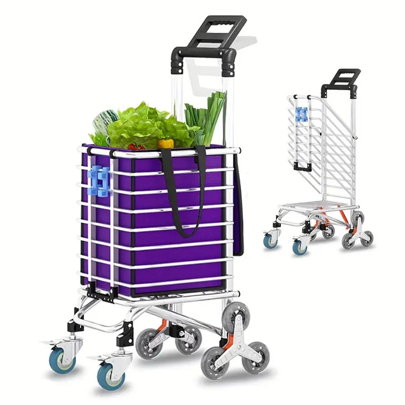 1pc Durable Metal Folding Shopping Cart with Brake Wheels, Lightweight Utility Trolley, Collapsible Grocery Cart for Laundry, Condo, Camping, and Transport Purple color