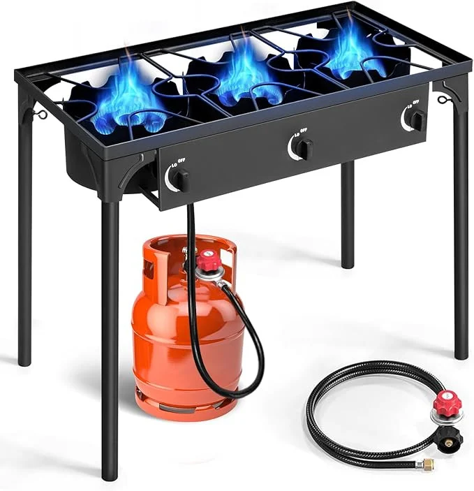 3 Burner Propane Gas Stove For Outdoor Cooking, 225, 000 BTU Camping Cooker With Removable Legs & Adjustable PSI Regulator For Backyard Cooking BBQ Baking Frying