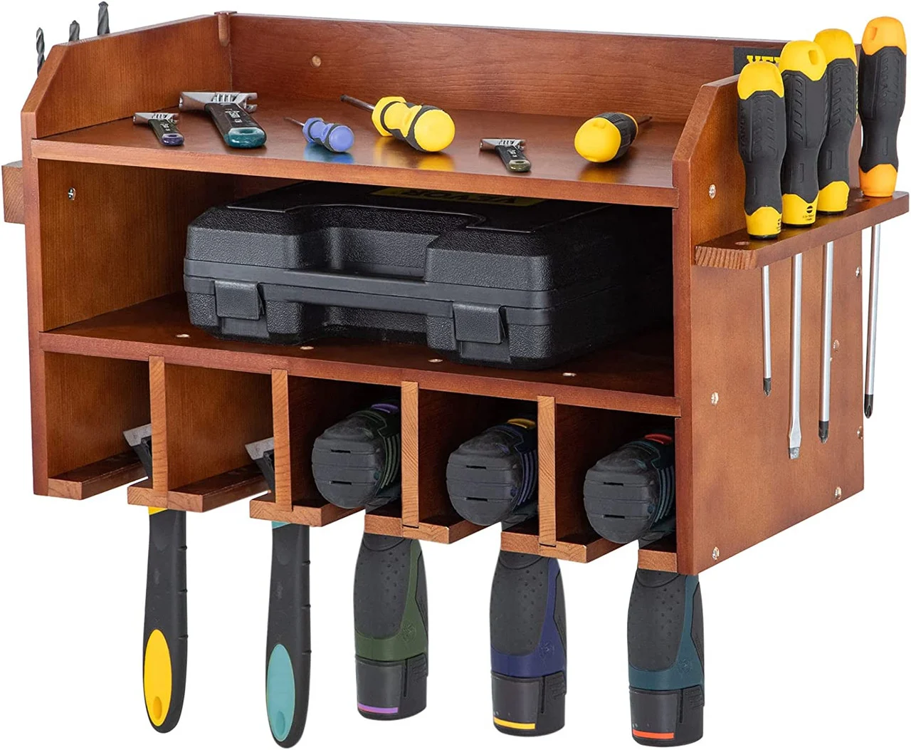 Power Tool Organizer, Wall Mount Drill Holder, 5 Drill Hanging Slots Drill Charging Station, 2-Shelf Cordless Drill Storage, Polished Wooden Toolbox for Saw, Impact Wrench, Screwdriver Drill
