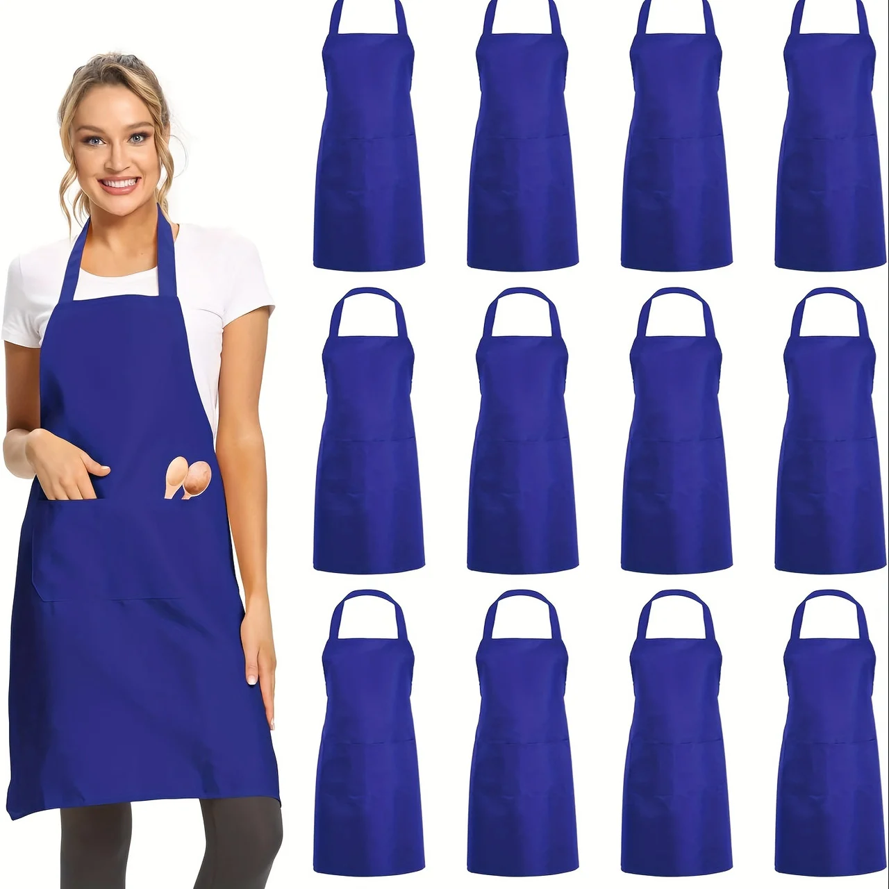 12 Pack Unisex Apron - Adjustable Waterdrop Resistant Apron with 2 Pockets for Chef, BBQ, Drawing - Cooking Kitchen Apron Bulk Blue 12pcs