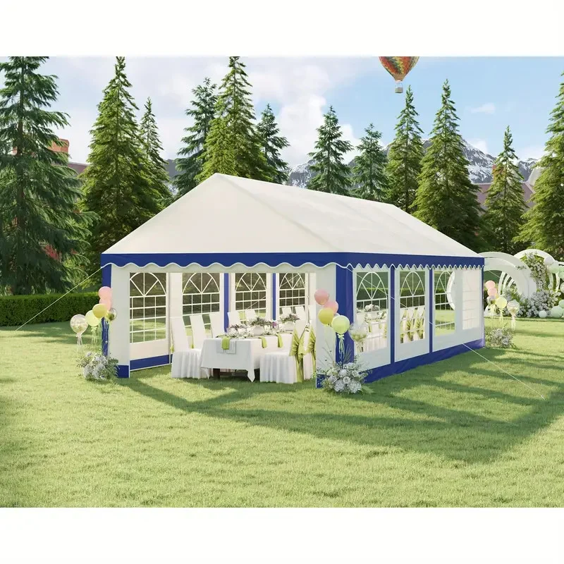 White And Blue Striped Large Party Tent, Outdoor Event Shelter With Sidewall Windows & 2 Side Doors For Garden Patio 13 X 26 ft