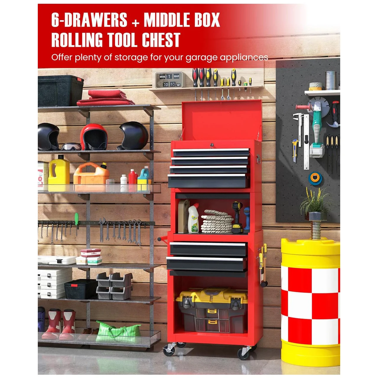 6-Drawer Tool Chest, Multifunctional Detachable Tool Chest, 3-in-1 Rolling Tool Storage Cabinet with Auto Locking System & Lockable Wheels & Detachable Top for Garage Workshop Black & Red
