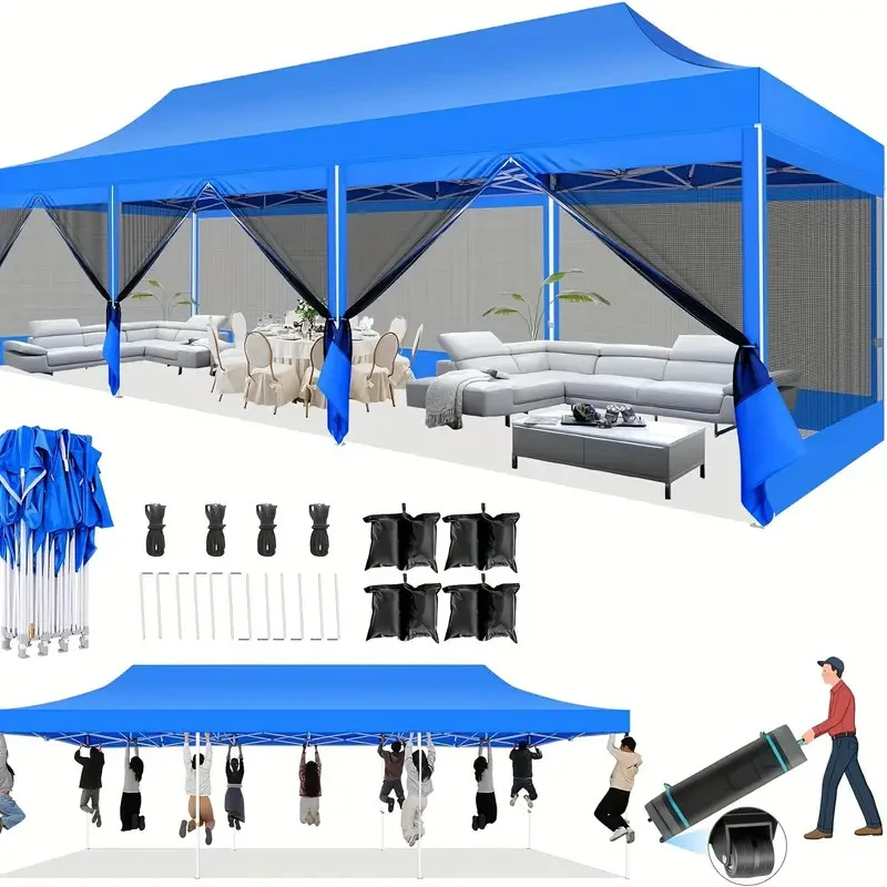 10x30 Pop Up Canopy Tent with Sidewalls, Heavy Duty Easy Up Outdoor Gazebo Canopy with Mosquito Net Screen Tents for Parties, Commercial Party Tent for Backyard with Roller Bag, Sun Shelter for Beach And Outdoor Camping Blue Color