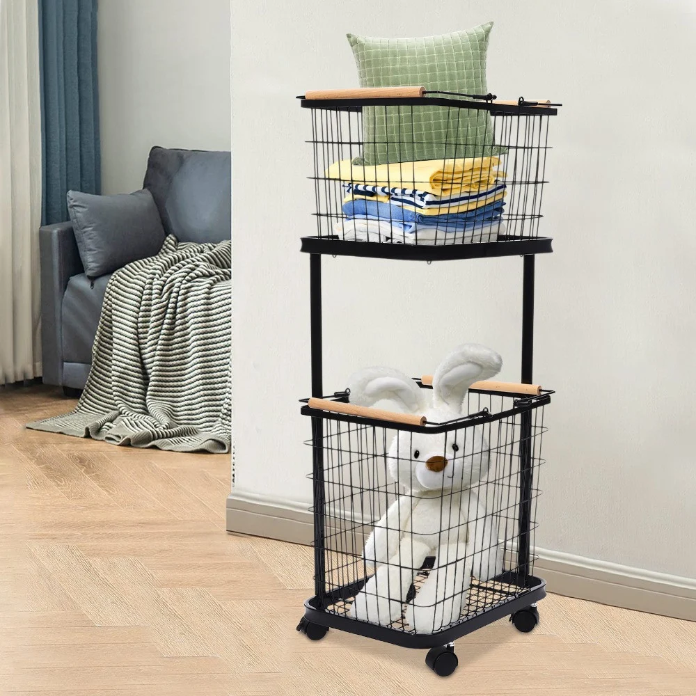 2 Tiers Laundry Hamper, Laundry Sorter, Vertical Rolling Laundry Cart, with 4 Universal Wheels, with 2 Pull-Out and Removable Shelf, Clothes Hamper with Divided Bag for Laundry Room, Bathroom, Dorm