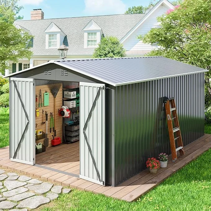 10x12 FT Outdoor Storage Shed, Large Metal Tool Sheds with Updated Frame Structure and Lockable Doors, Garden Shed