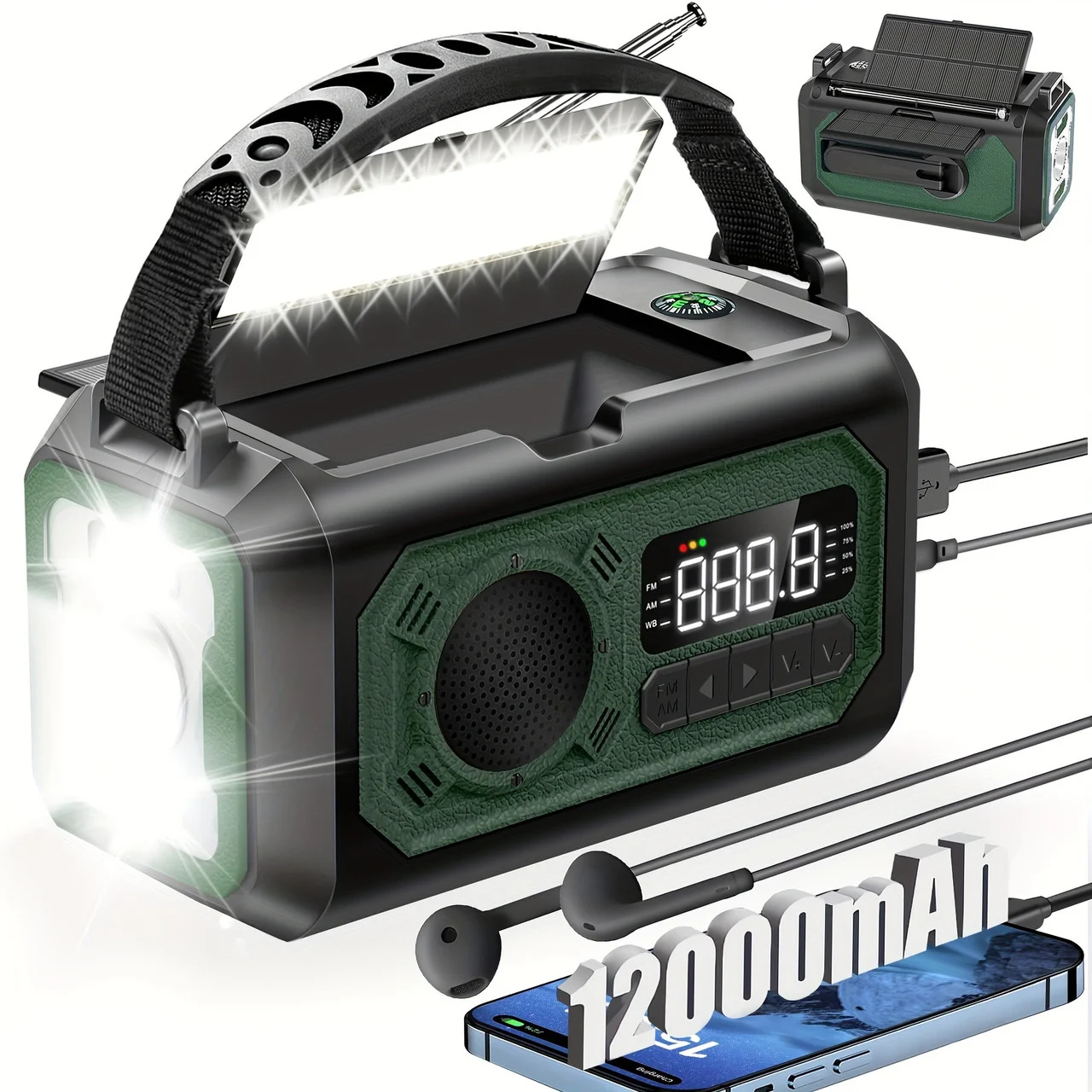 Emergency Weather Radio 12000mAh Portable Emergency Weather Radio - Hand Crank Radio AM/FM/NOAA Radio Solar Radio - 2 Solar Panels, 3 Charging Methods, SOS Alarm, 3 Modes Flashlight, Mobile Phone Charger, Reading Light Army Green