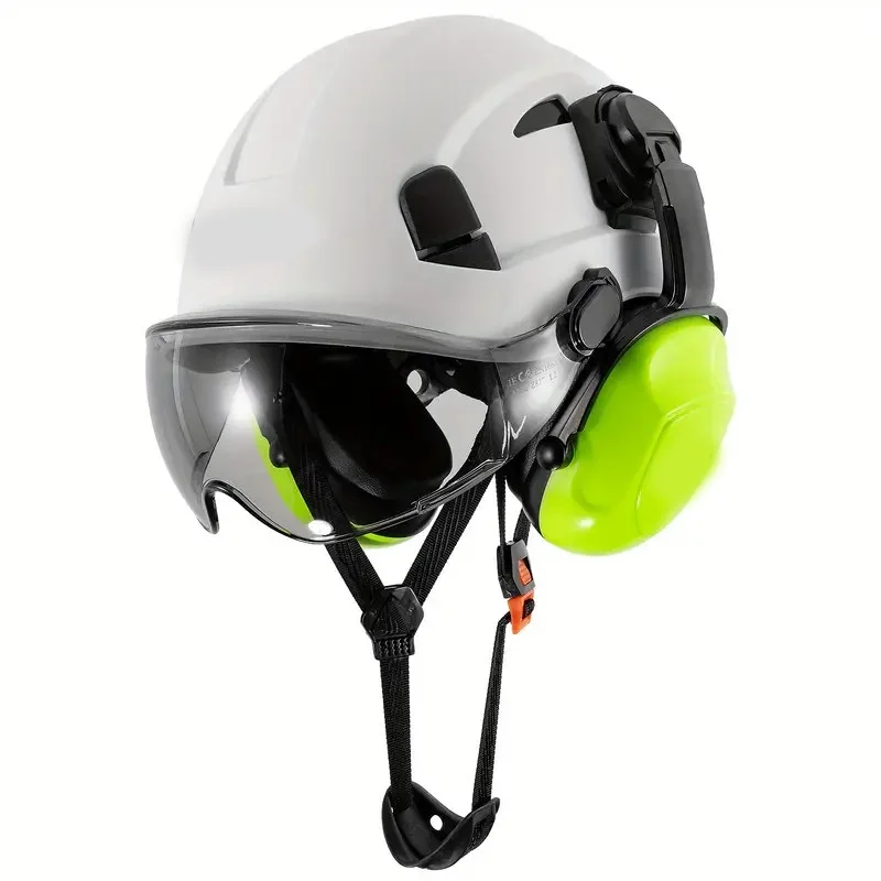 Construction Work Safety Helmet With Goggles And Noise-reducing Industrial Protective Soundproof Earmuffs Hard Hat, (hard Hat+earmuffs+goggles) Set Or (hard Hat+earmuffs) Set White color with D suit