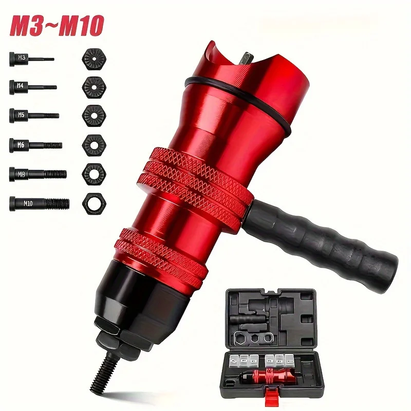 1 Set Red Manual and Pneumatic Nut Gun Tool Kit, Metal Rivet Gun with Clutch, Electric Air Driven Aluminum Rivet Gun Conversion Head, M3-M10 Sizes, No Battery Required